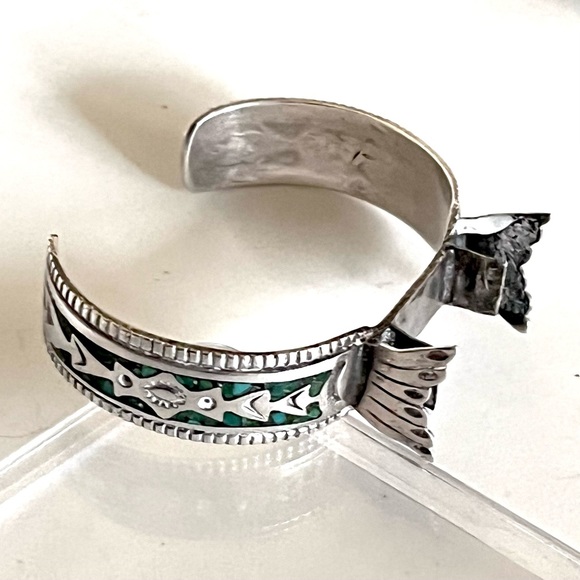 SALE Signed-Gibson Gene Navajo Vntg Crushed Turquoise Inlay Sterling Watch Cuff - Picture 1 of 8